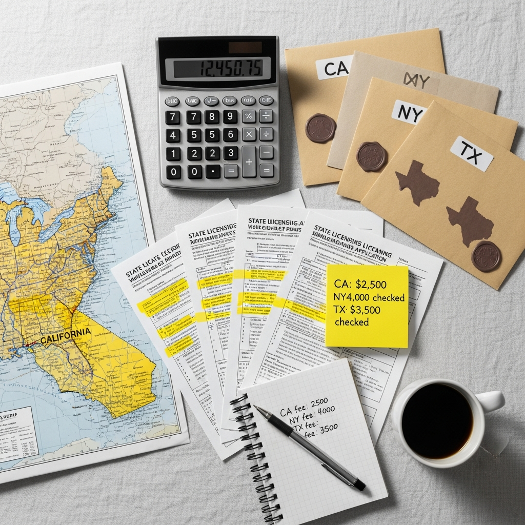 Licensing application forms from multiple states spread across a desk with a calculator and yellow-highlighted fee schedules