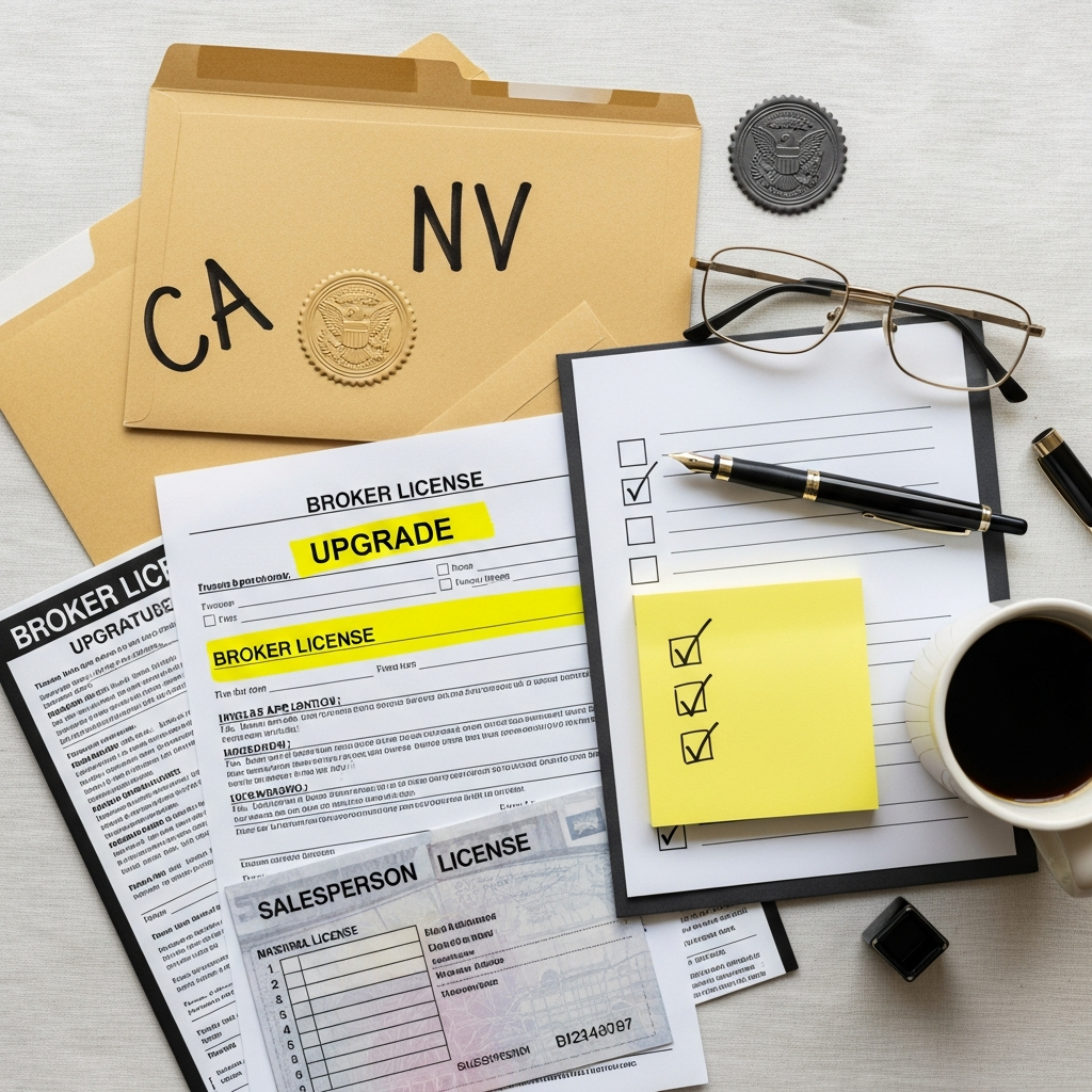 Licensing desk with broker upgrade application, yellow-highlighted reciprocity checklist, and two manila envelopes labeled with state abbreviations