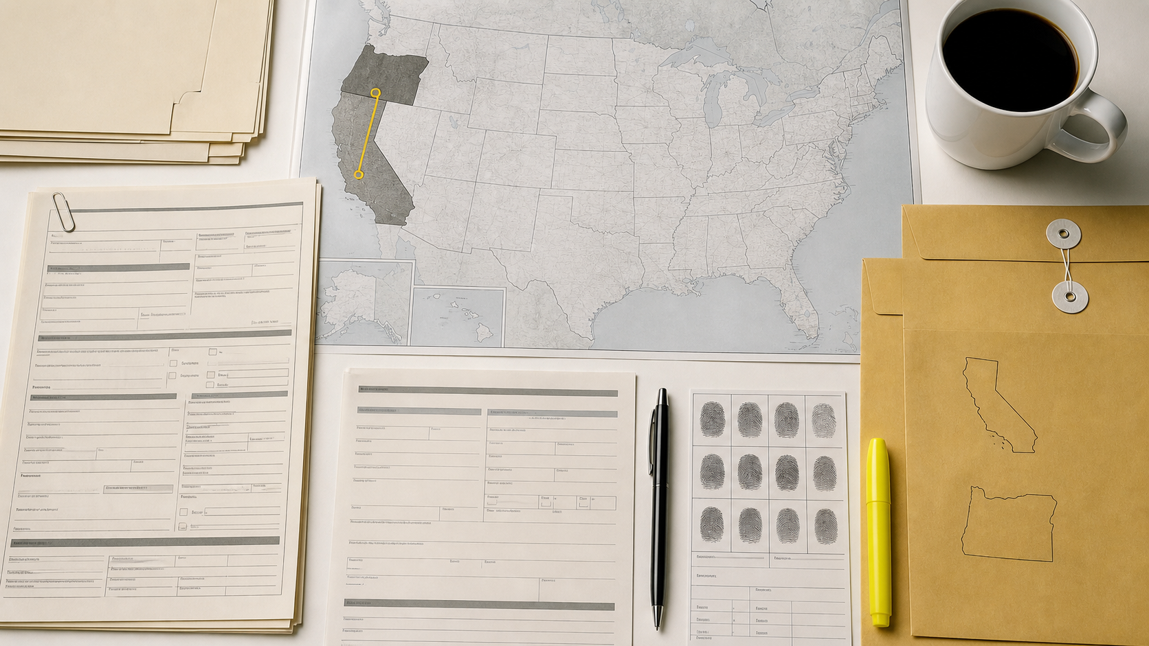 Illustration of a California-to-Oregon route map beside licensing paperwork
