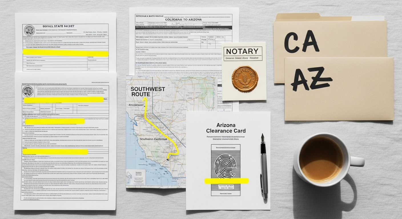 Licensing desk with California and Arizona application forms, yellow highlights, and a folded Southwest map