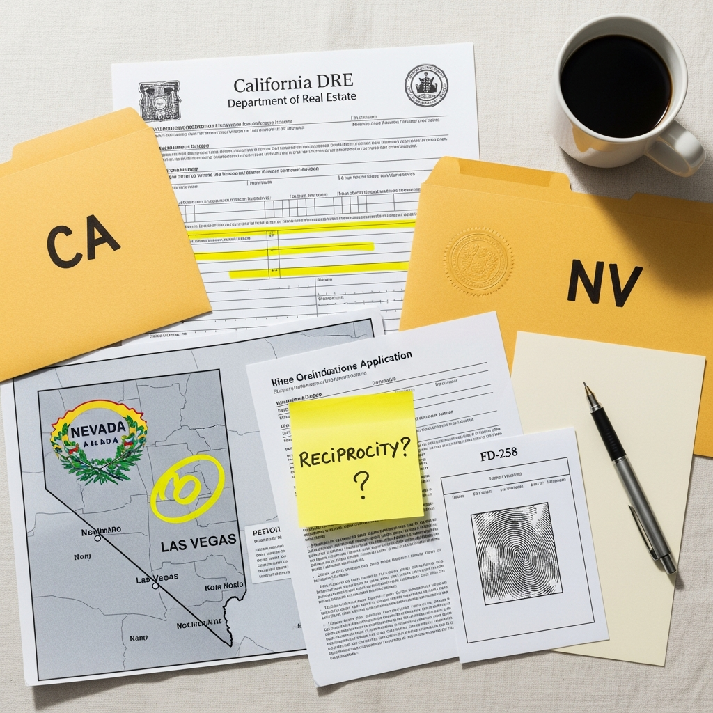 Licensing desk with California and Nevada application forms, yellow-highlighted sections, and a folded US map