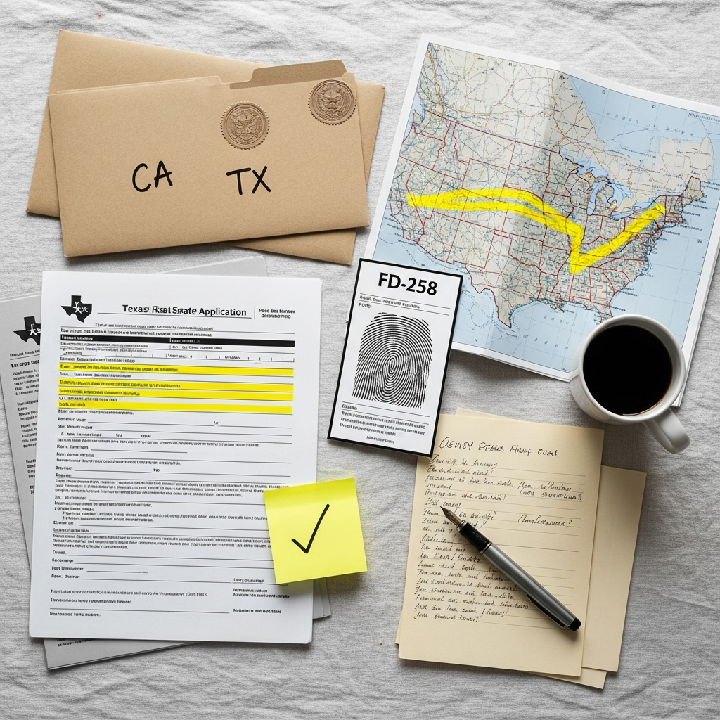 Licensing desk with California and Texas application forms, yellow-highlighted sections, and manila envelopes