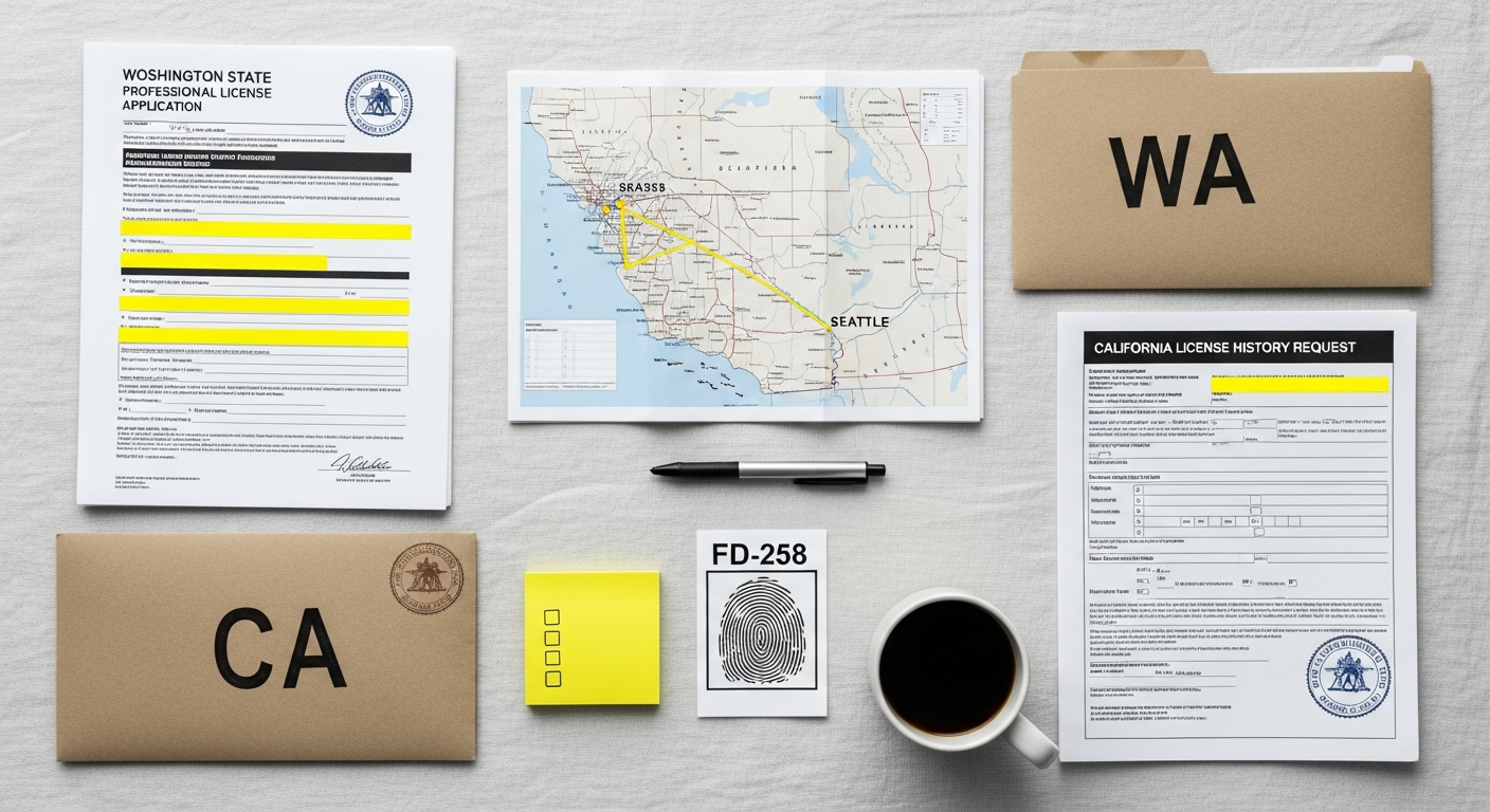 Licensing desk with California and Washington paperwork, a fingerprint card, and a marked West Coast route map