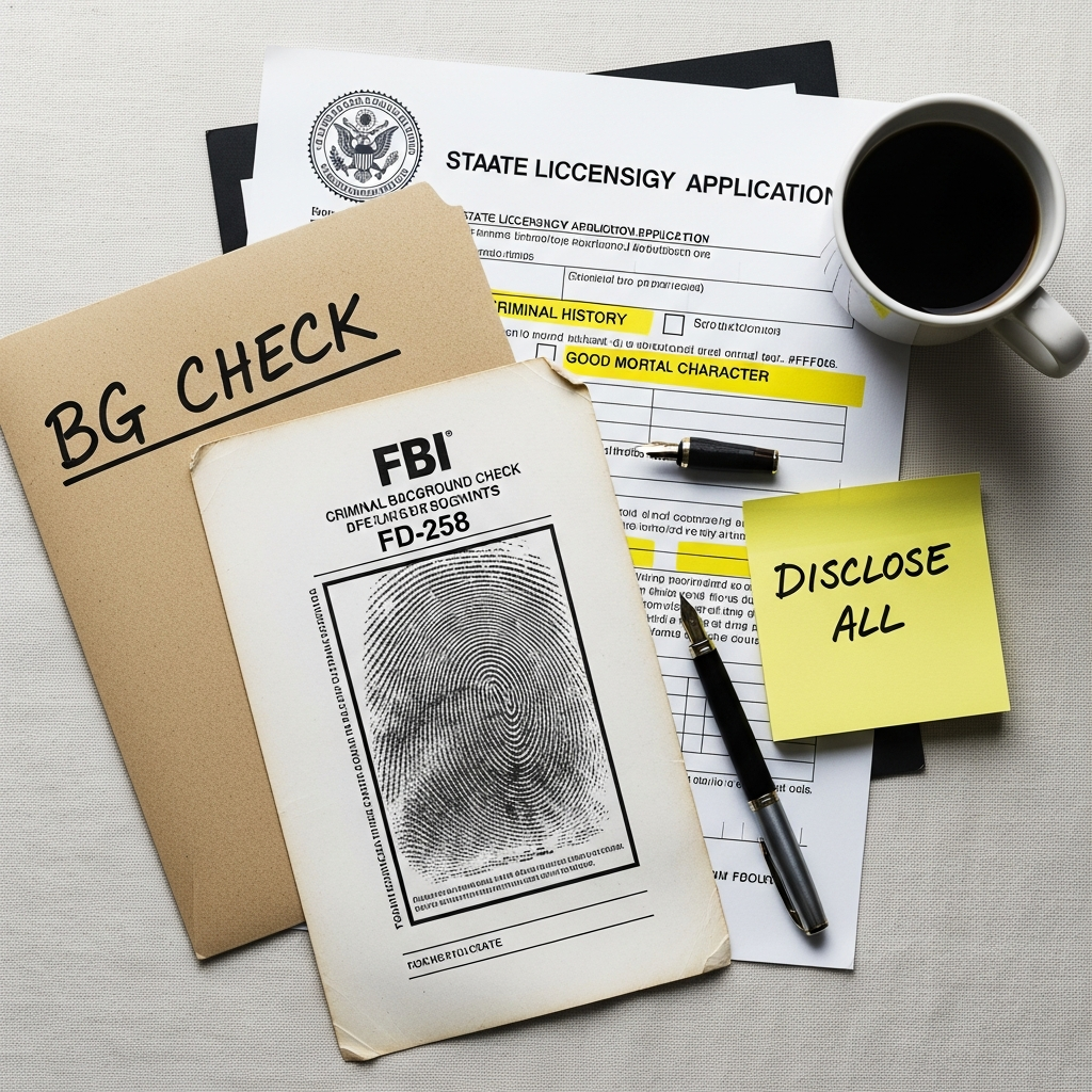 Licensing desk with fingerprint card, highlighted application form, and yellow sticky notes