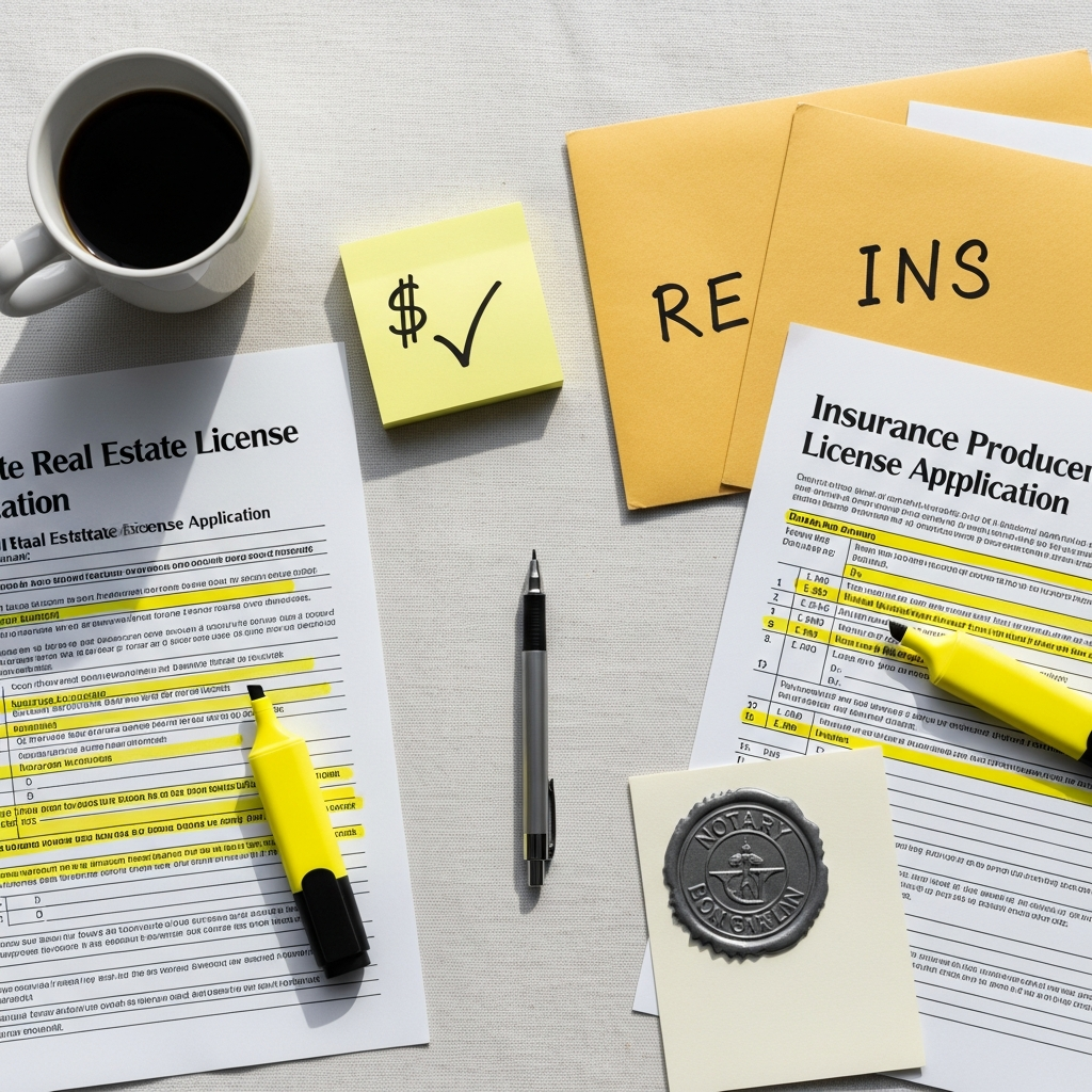 Overhead desk with real estate application and insurance producer license side by side, yellow highlighter marking both