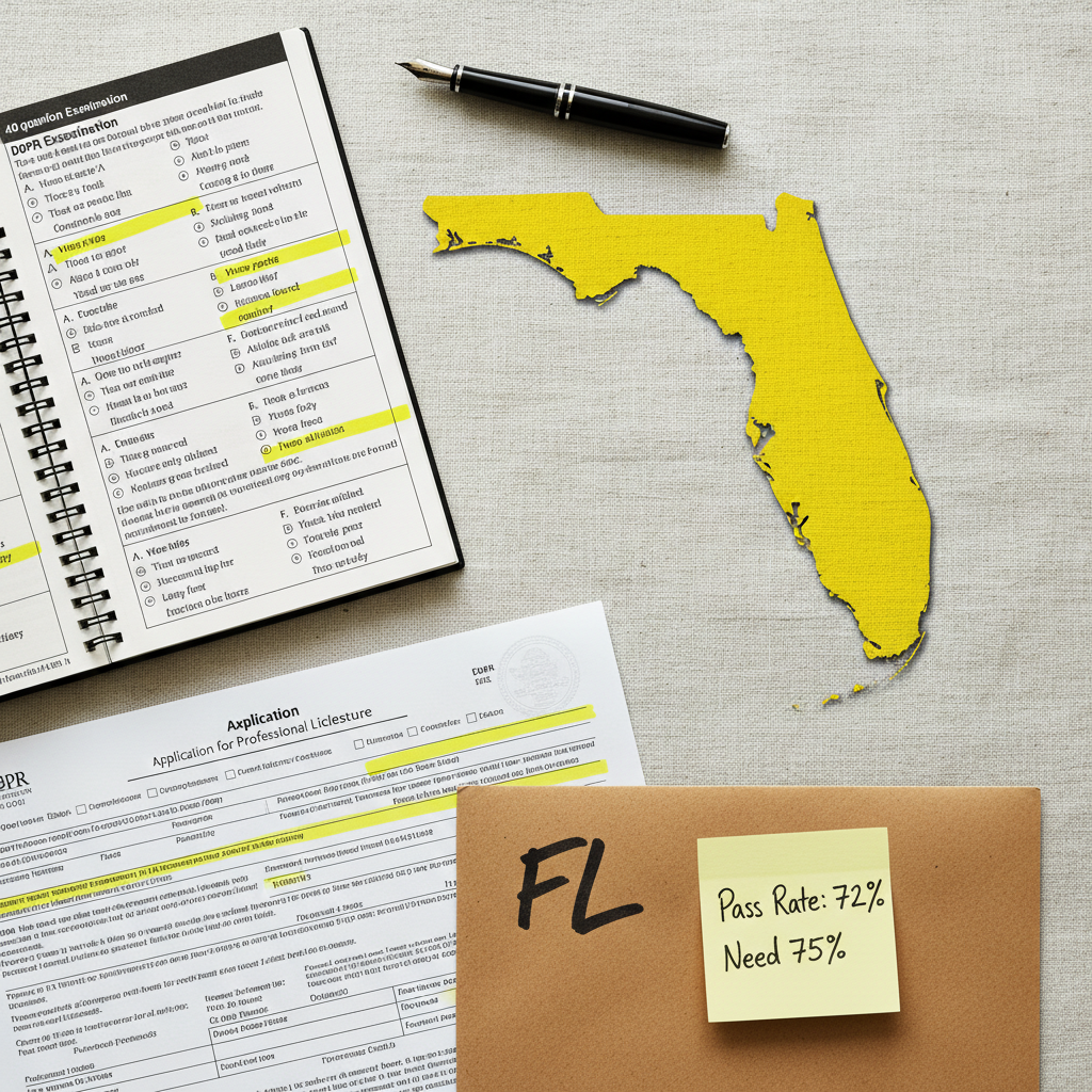Florida state outline with a licensing certificate and exam booklet