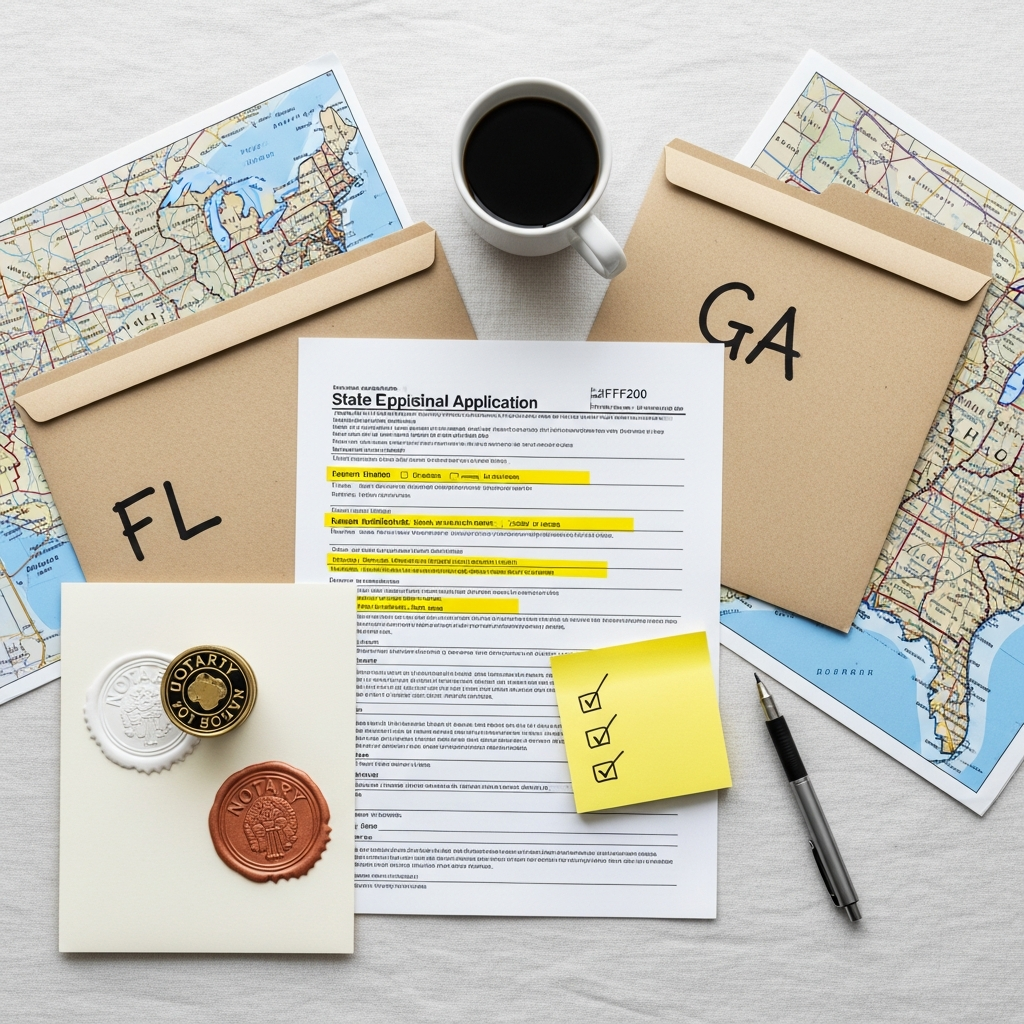 Licensing desk with Florida and Georgia application forms, yellow-highlighted sections, and manila envelopes