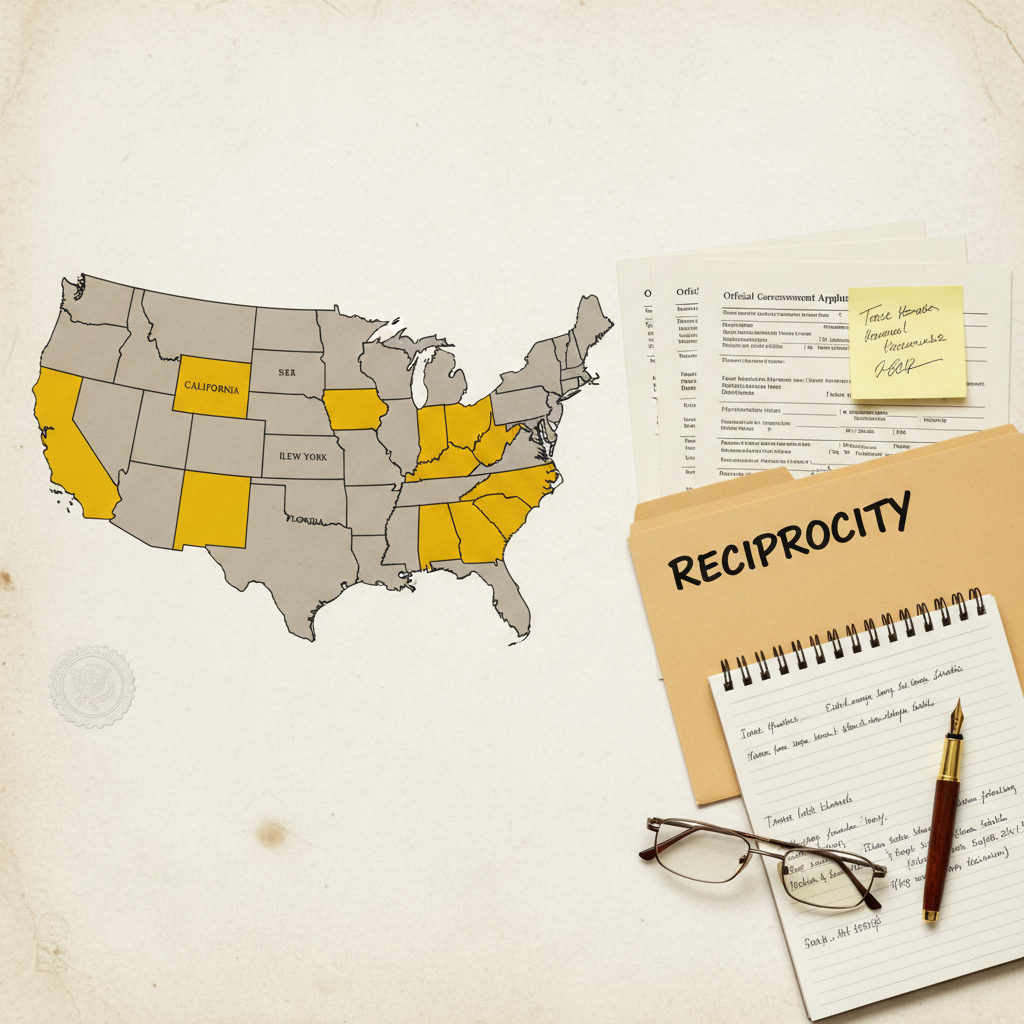 Road sign pointing to multiple states with a real estate agent's license card in the foreground