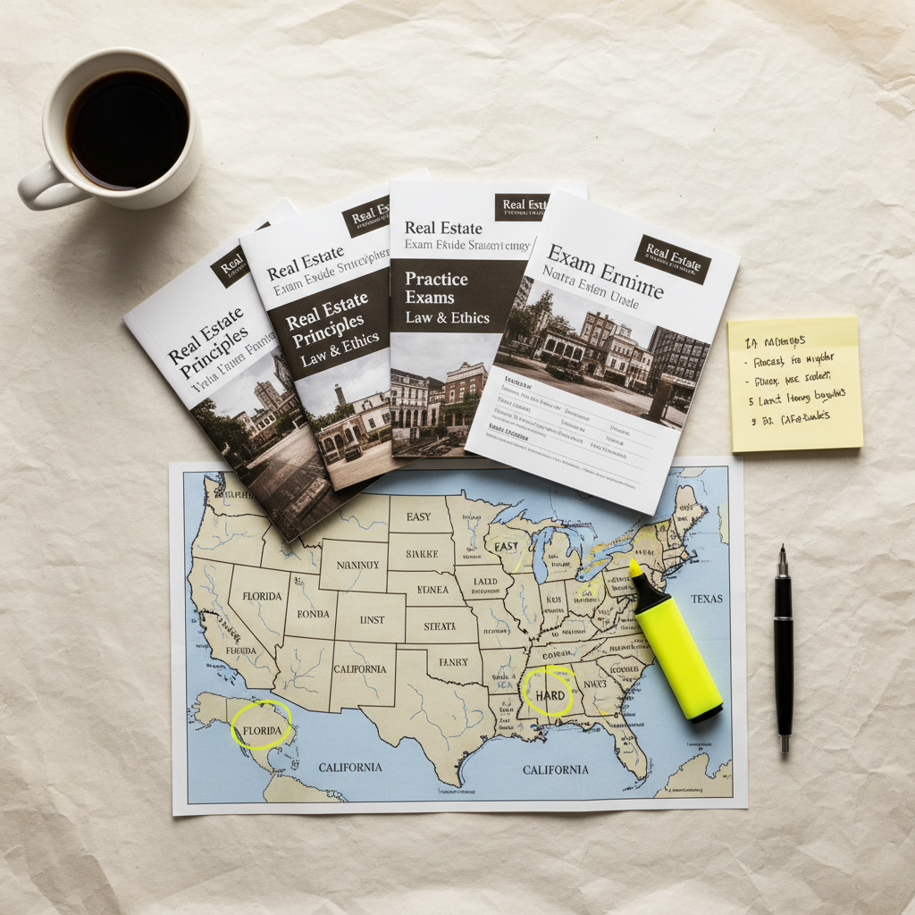 Stack of real estate exam study guides next to a U.S. map with difficulty rankings highlighted