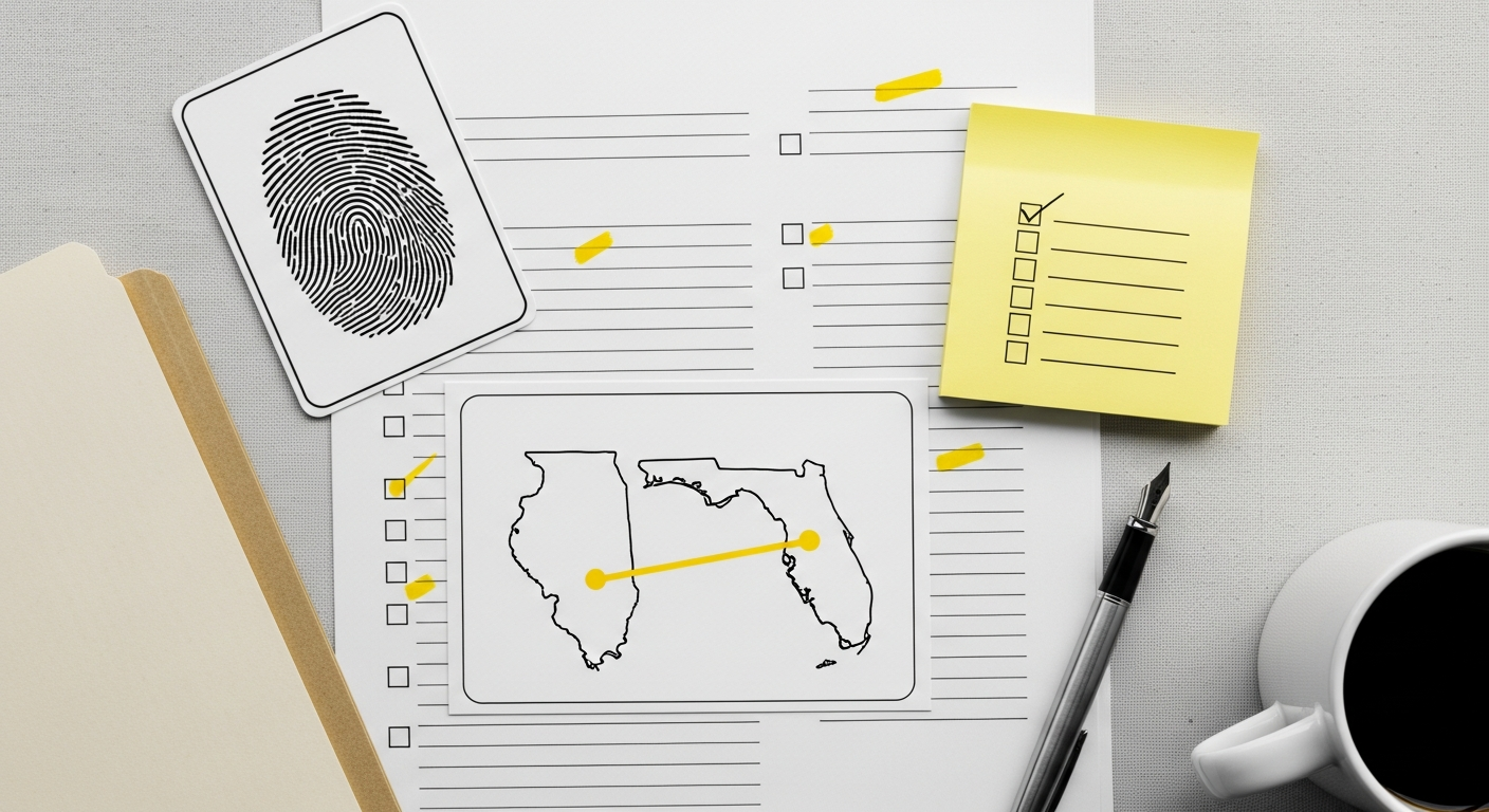 Licensing desk with Illinois and Florida paperwork, yellow highlights, and a marked Midwest-to-Florida route map