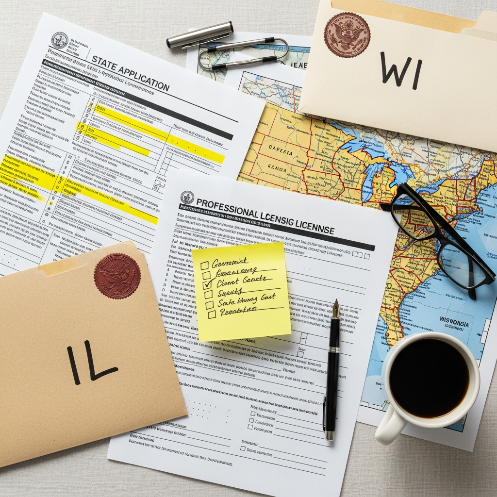 Licensing desk with Illinois and Wisconsin application forms, yellow-highlighted sections, and a folded Midwest map