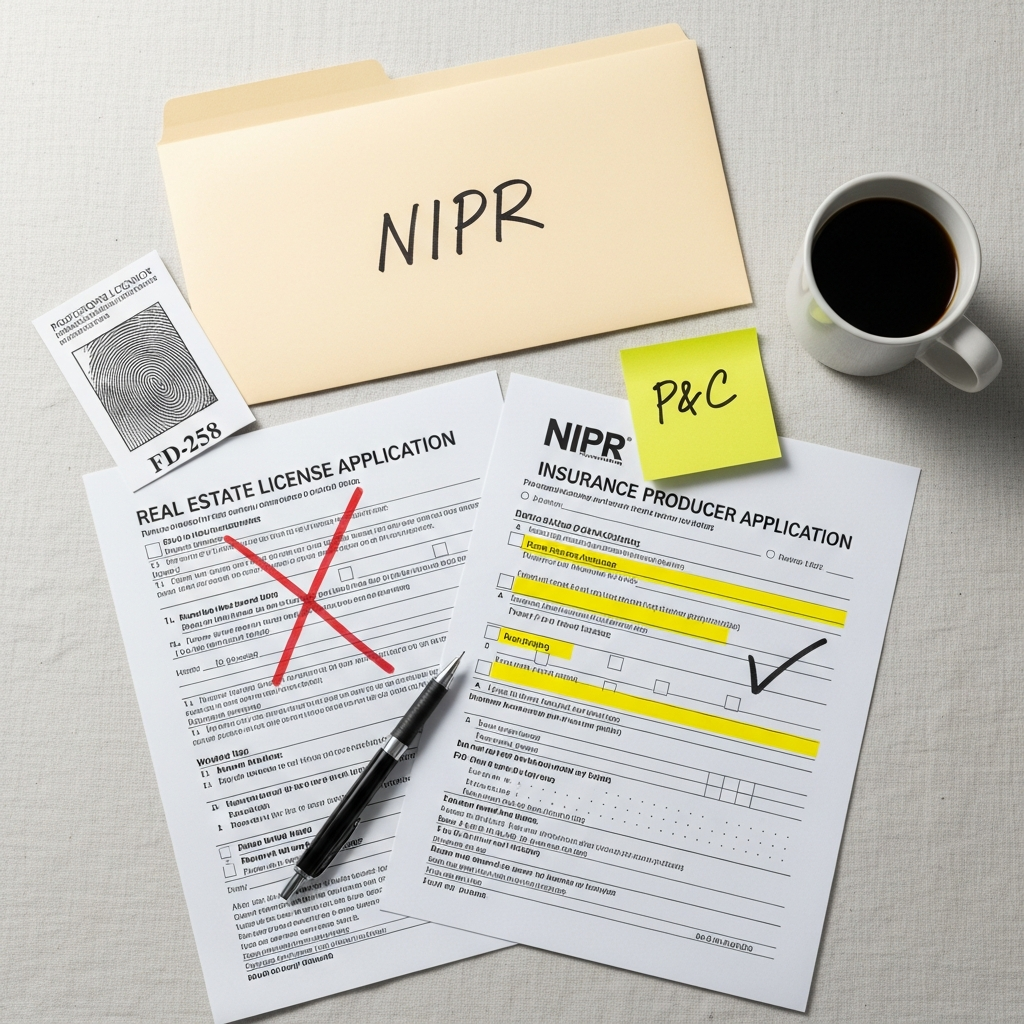 Licensing desk with real estate application crossed out and insurance producer application highlighted in yellow