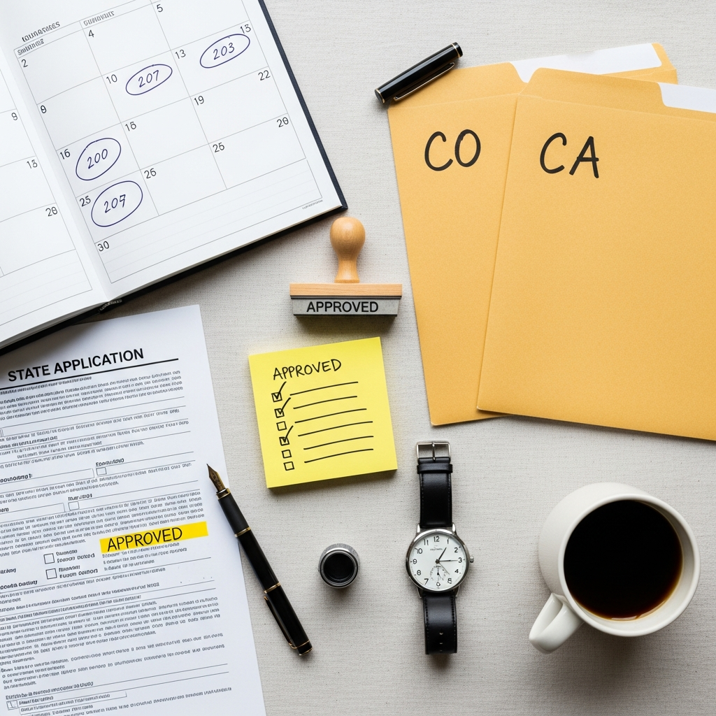 Licensing desk with a calendar, stamped application forms, and a yellow-highlighted processing timeline