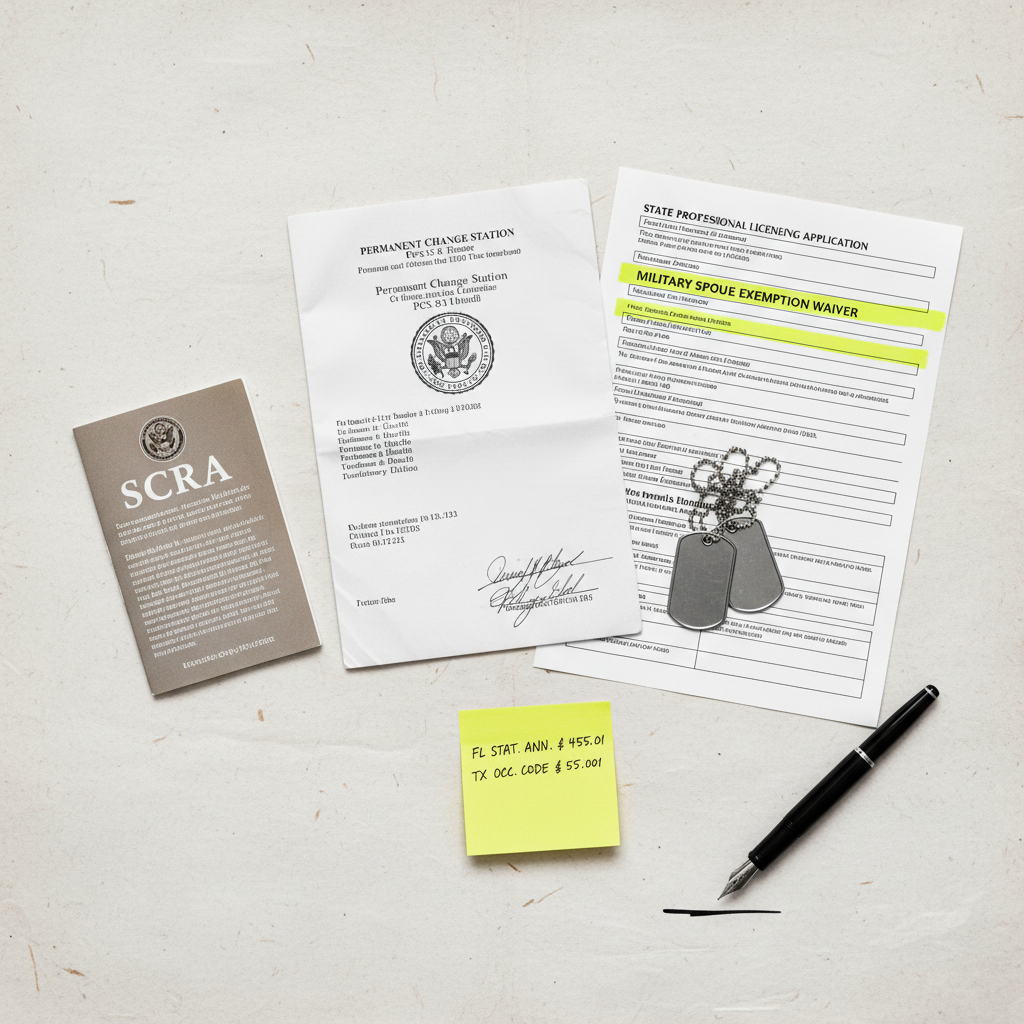 Military family standing near moving boxes with a real estate license document in foreground