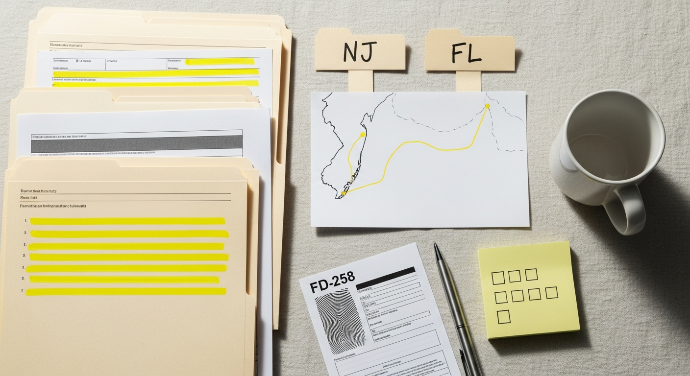 Licensing desk with New Jersey and Florida paperwork, yellow highlights, and a marked East Coast route map