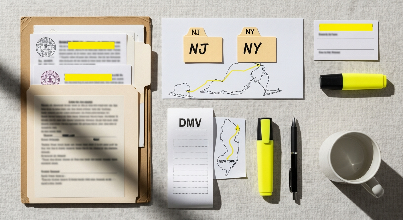 Overhead desk for a New Jersey to New York real estate license transfer with folders, route sketch, and highlighter