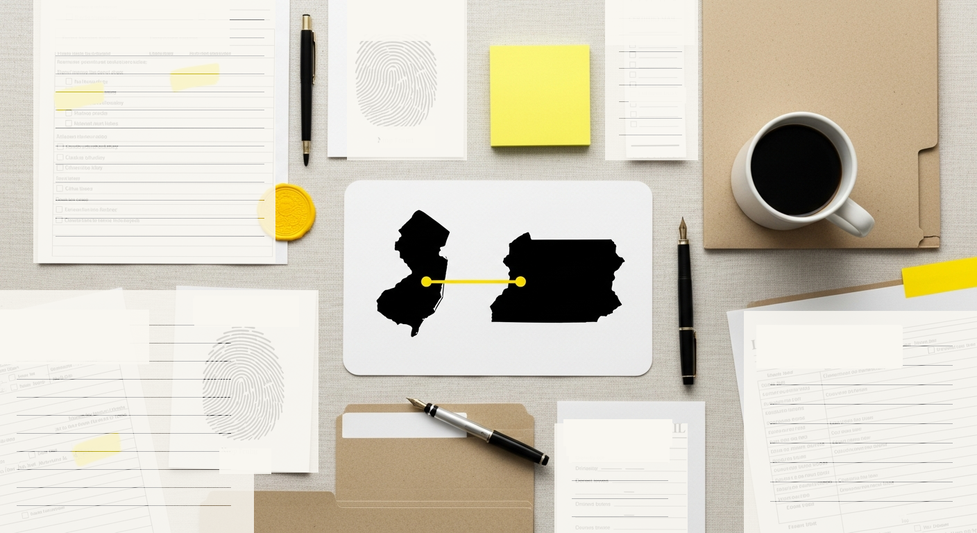 Licensing desk with New Jersey and Pennsylvania paperwork, yellow highlights, and a marked Delaware River route map