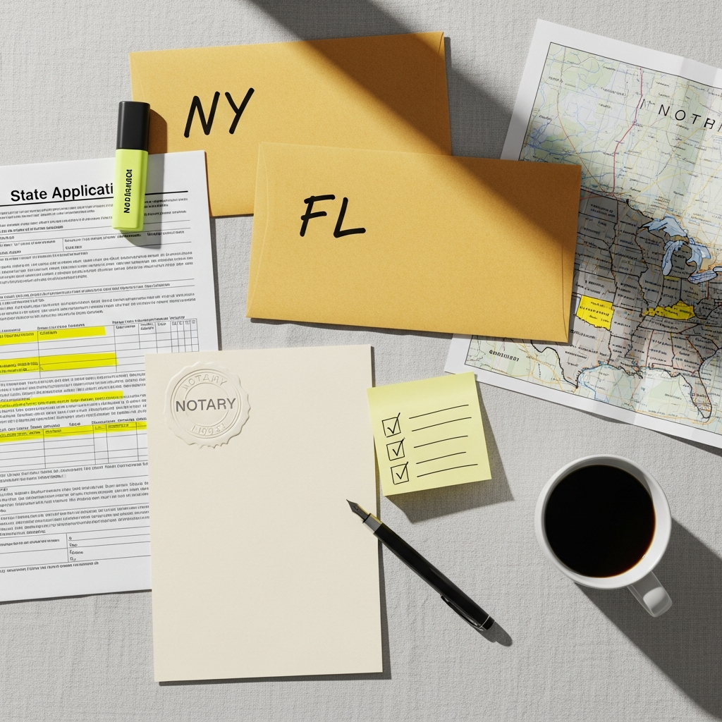 Licensing desk with New York and Florida application forms, yellow-highlighted sections, and a folded US map