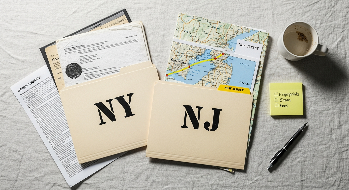 Licensing desk with New York and New Jersey paperwork, yellow highlights, and a Northeast route map
