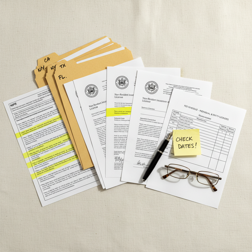 Insurance producer reviewing multi-state licensing applications on a laptop with state maps