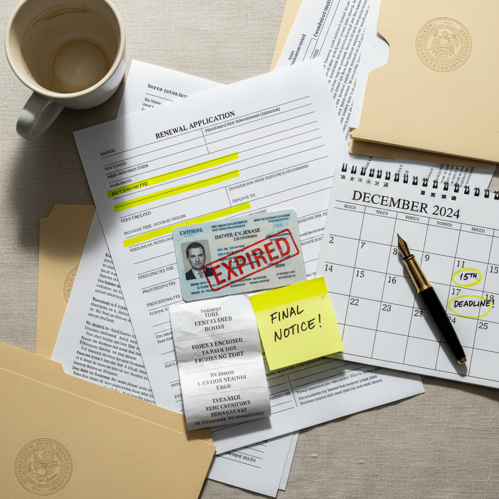 Expired real estate license document next to a renewal application form and calendar