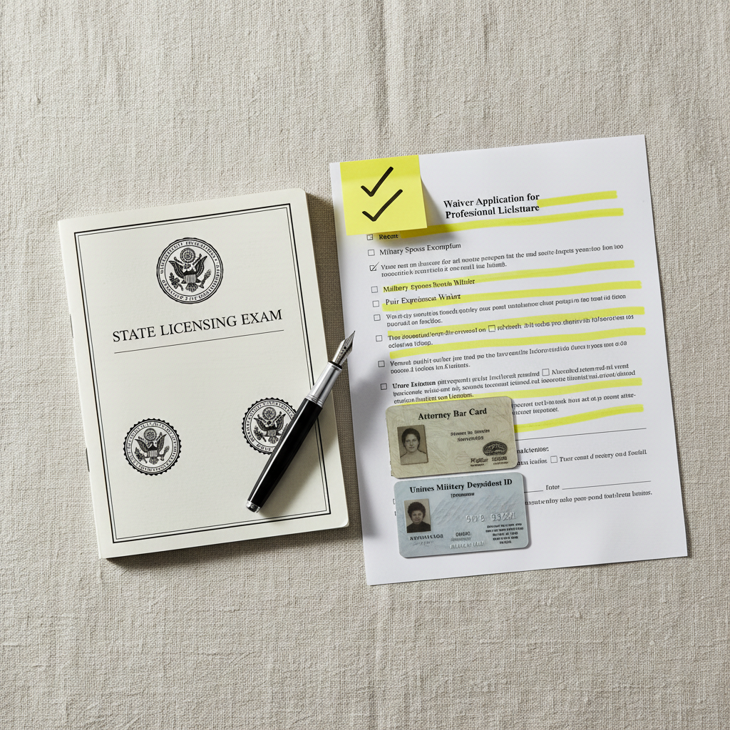 Stack of law books next to a real estate license application with a waiver stamp