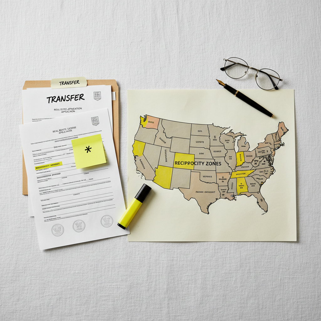Map of the United States with color-coded reciprocity zones for real estate licensing