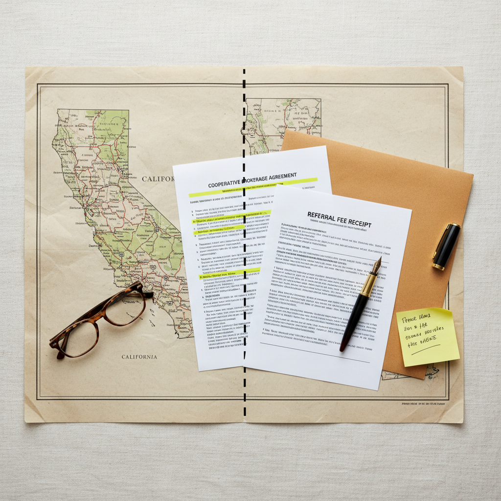 Real estate agent standing at a state border sign with house keys and a contract folder