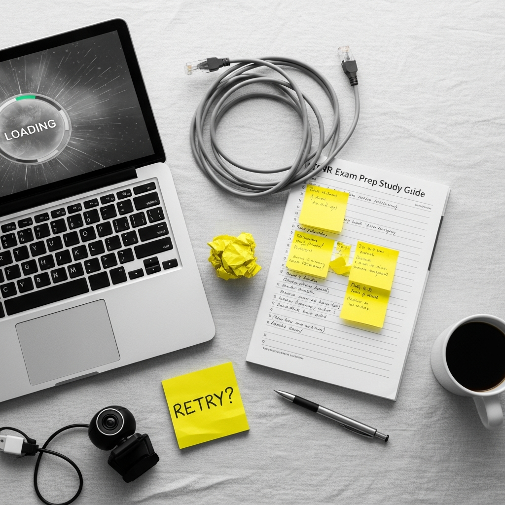Licensing desk with laptop error screen, yellow highlighted exam prep notes, and a tangled ethernet cable
