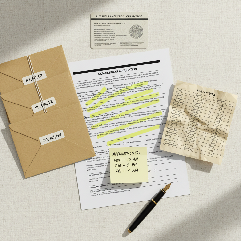 Insurance producer reviewing a multi-state license application on a laptop