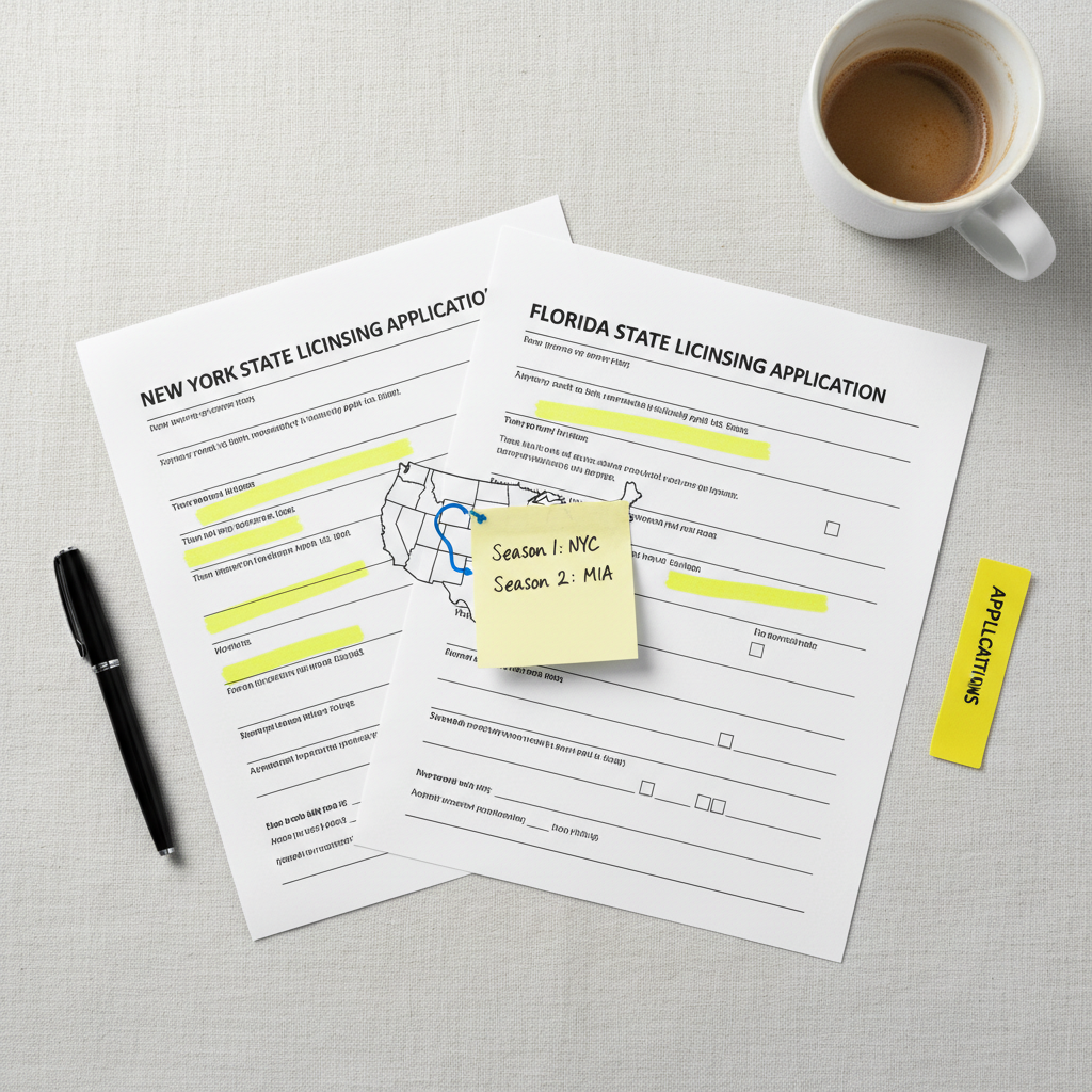 Split image of a snowy northeast street and a sunny Florida neighborhood with a real estate sign