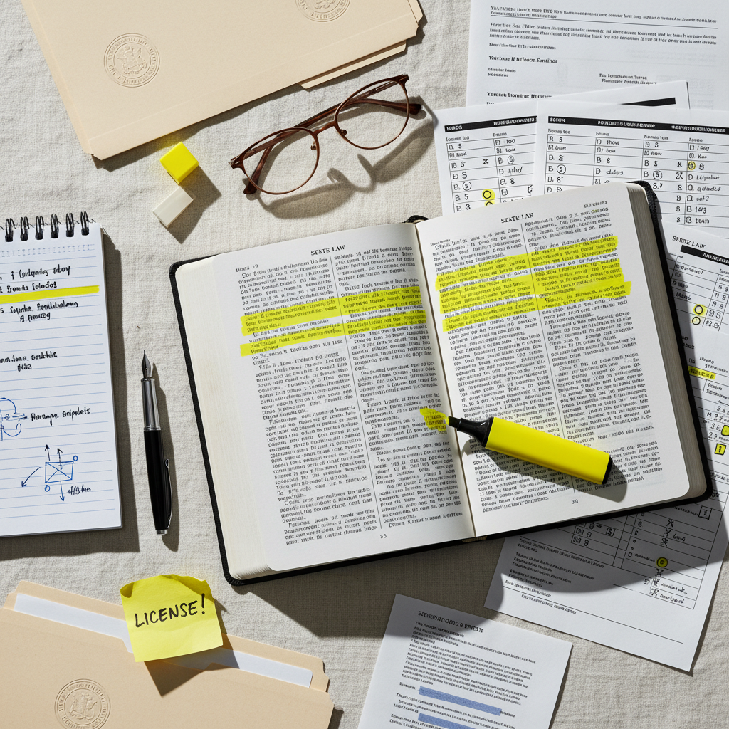 Real estate exam study materials with state law textbook and practice test sheets