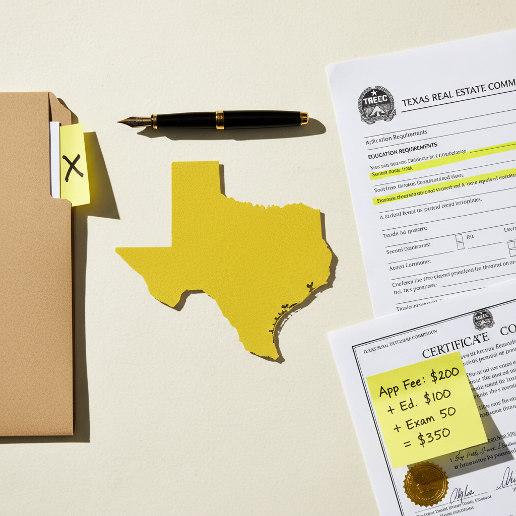 Texas state outline with a real estate license application and TREC logo