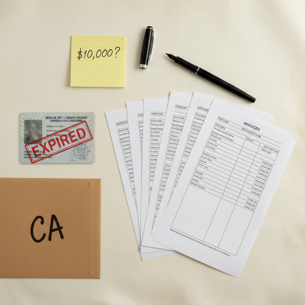 Stack of unpaid invoices and an expired real estate license on a desk