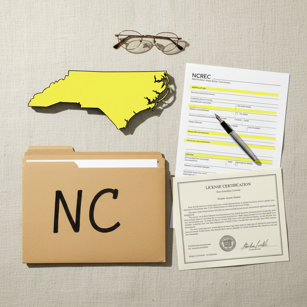 North Carolina state outline with a real estate license application and exam prep books