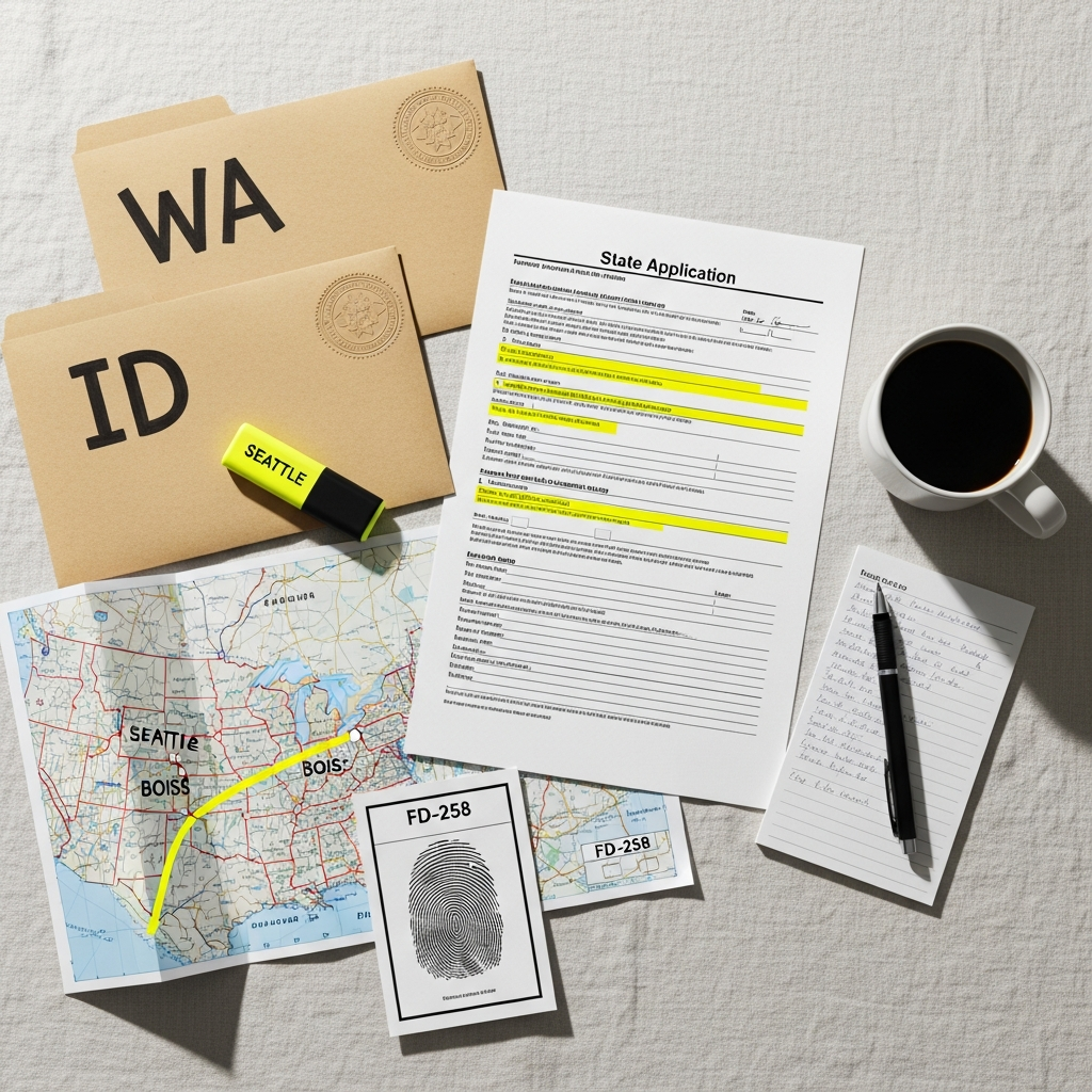 Licensing desk with Washington and Idaho application forms, yellow-highlighted sections, and a US map marked with a route